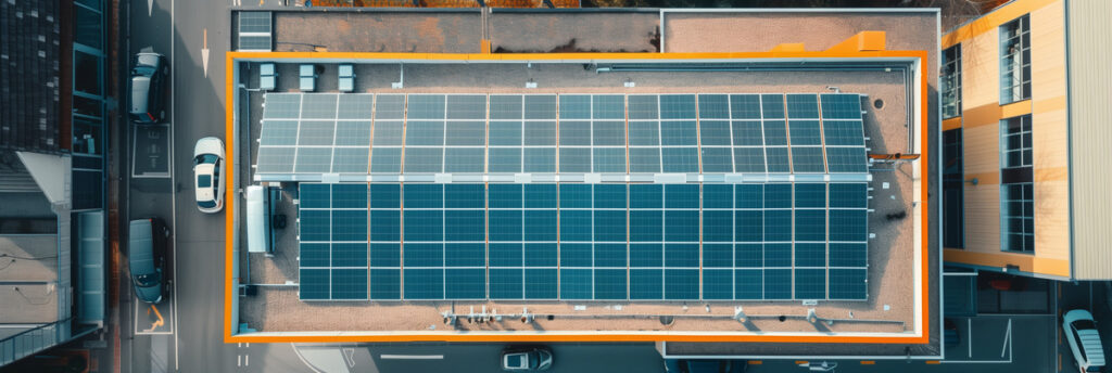Aerial view of a commercial solar installation on a flat rooftop, showcasing large-scale solar panel array in an urban setting.