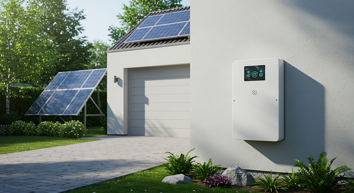 Solar battery storage system mounted on exterior wall of Gold Coast home with rooftop solar panels