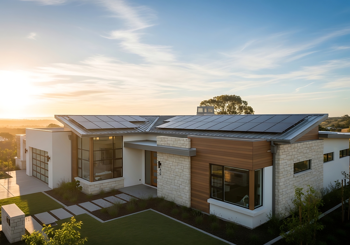 Modern single-storey home in Northern NSW with a rooftop solar panel system installed at sunrise